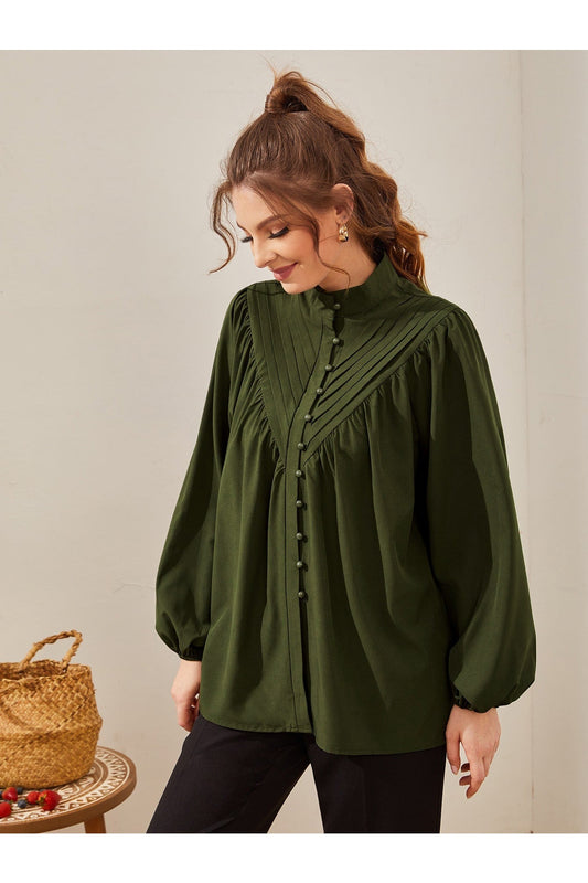Buy Shein Fold Pleated Lantern Sleeve Blouse - Small in Pakistan