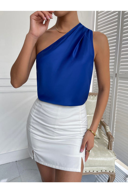 Buy Shein Ruched One Shoulder Satin Blouse - Small in Pakistan