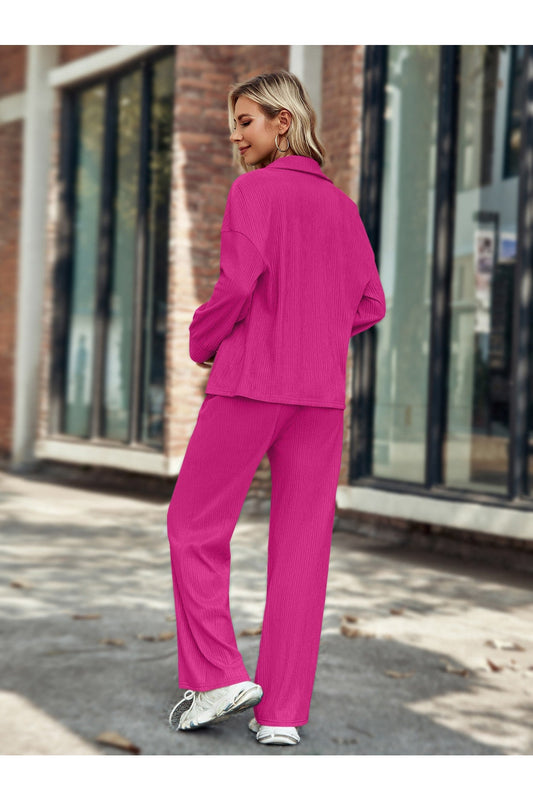 Buy Shein Drop Shoulder Button Up Shirt & Wide Leg Pants - Small in Pakistan