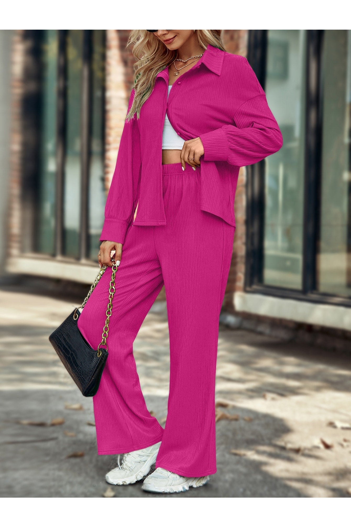 Buy Shein Drop Shoulder Button Up Shirt & Wide Leg Pants - Small in Pakistan