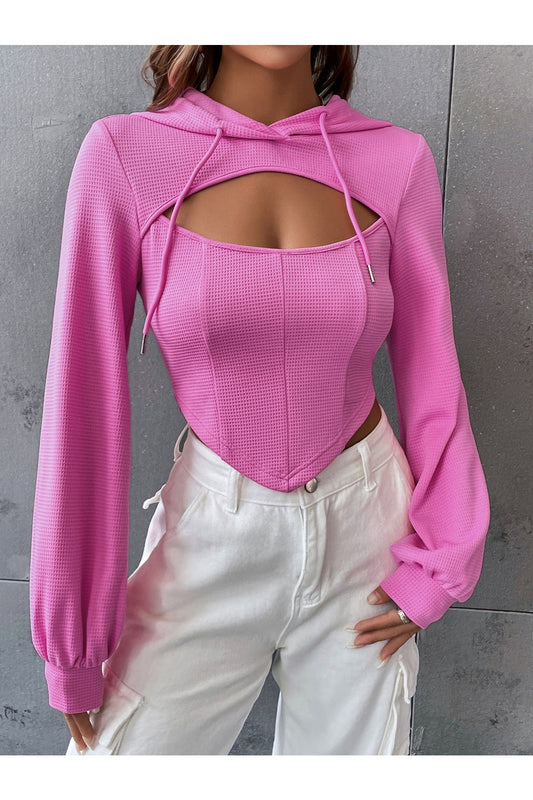 Buy Shein EZwear Solid Cutout Hanky Hem 2 In 1 Drawstring Hoodie - Small in Pakistan