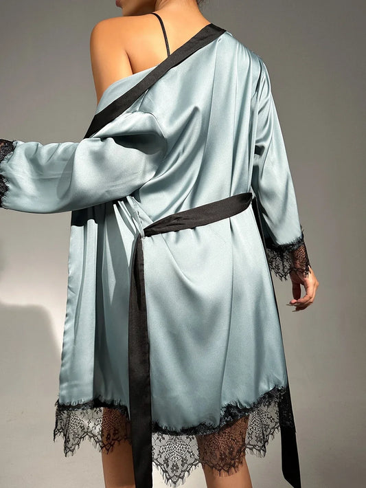 Buy SHEIN Sheer Lace Cami With Belted Robe & Shorts Night Set in Pakistan