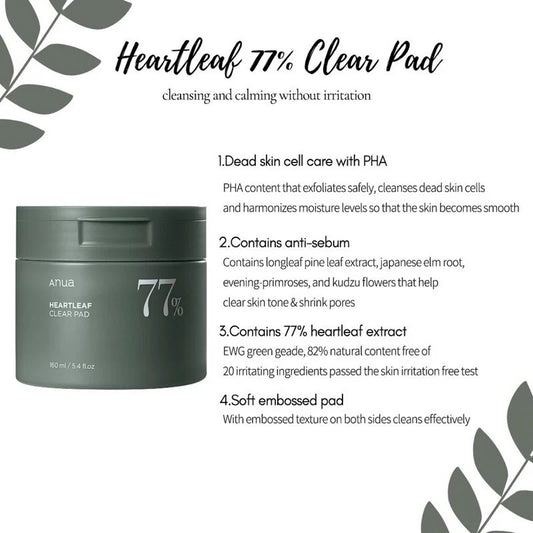 Anua Heartleaf 77% Clear Pad – 70 Pads / 160ml | Soothing, Gentle PHA Exfoliating & Pore Care Toner Pads