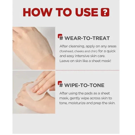 Instruction graphic titled 'HOW TO USE' showing two panels with hands demonstrating skincare pad application: wearing-to-treat sheet mask use and wiping-to-tone after use.
