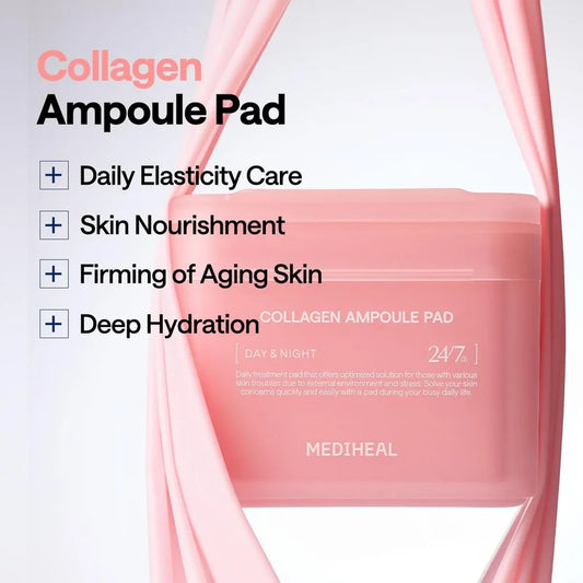 Collagen ampoule pad with text highlighting its benefits on a light gray background