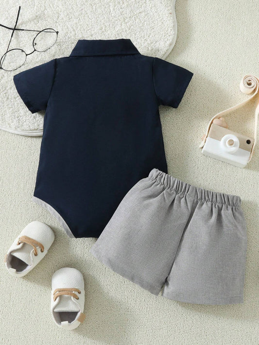 Buy 2pcs/Set Baby Boys' Casual Yet Elegant Short Sleeve Shirt & Shorts Set With Detachable Bowtie in Pakistan