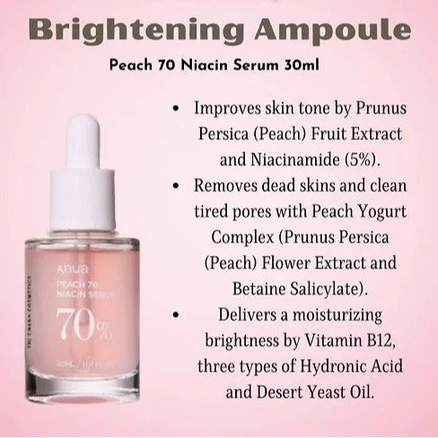 Anua Peach 70% Niacinamide Serum – 30ml | Brightening, Hydrating & Glass Skin Serum – Made in Korea