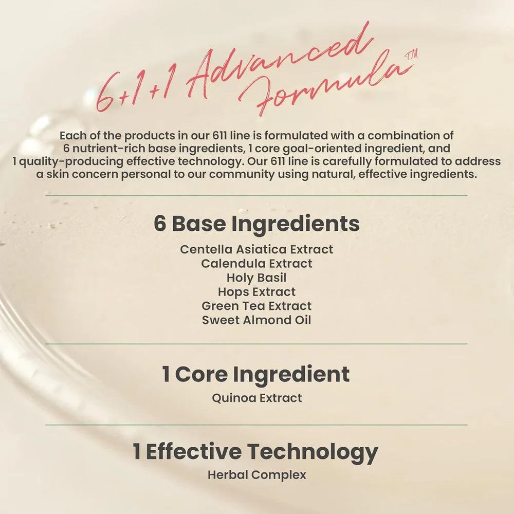 A beige informational graphic with the heading '6+1+1 Advanced Formula' in pink script, followed by descriptive text about the 611 line and listed base ingredients including Centella Asiatica Extract, Calendula Extract, Holy Basil, Hops Extract, Green Tea Extract, Sweet Almond Oil, Quinoa Extract, and Herbal Complex.