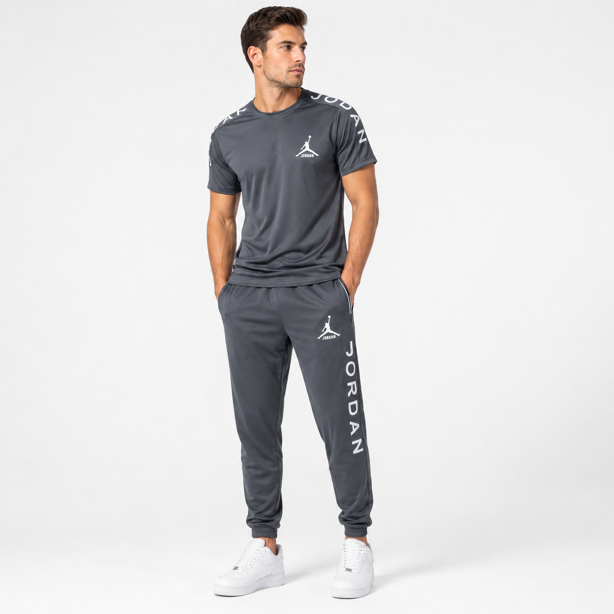 Men's Premium Jordan Edition Summer Tracksuit – Charcoal Grey T-Shirt & Jogger Set