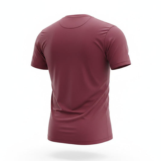 A short-sleeve crew-neck athletic t-shirt shown from the back, floating against a solid white background.