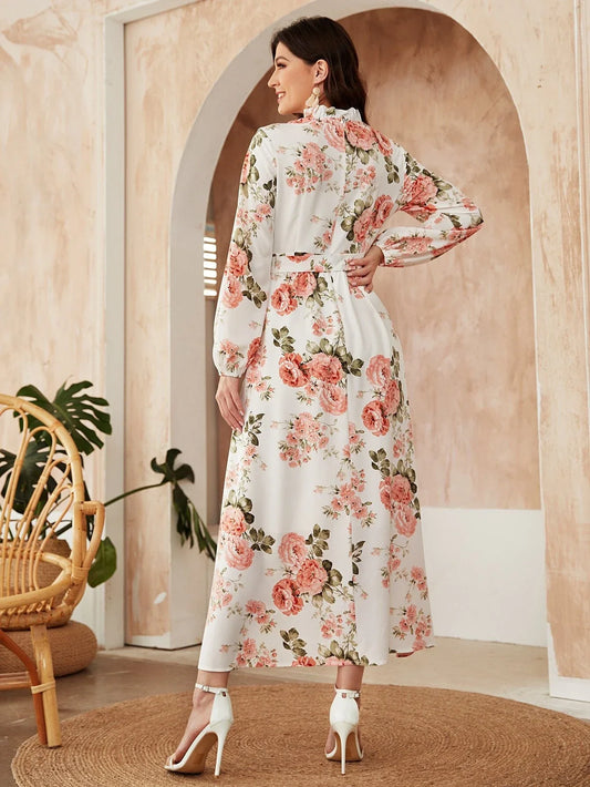 Buy Shein Ruffle Neck Floral Print Belted A-line Dress in Pakistan