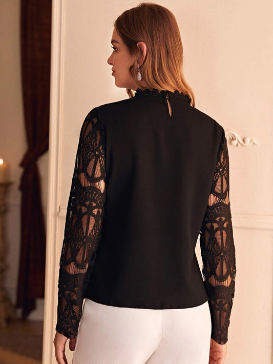 Buy SHEIN Sheer Mesh Panel Scallop Trim Blouse in Pakistan