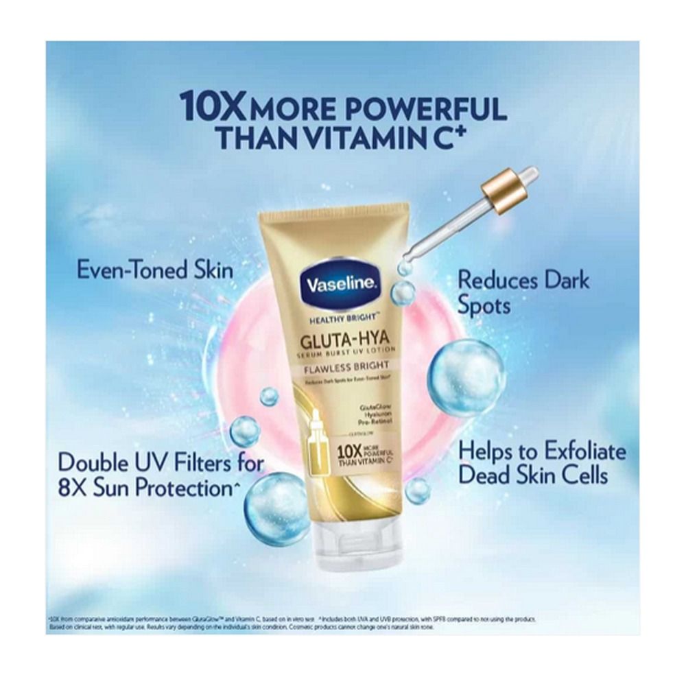 Vaseline Gluta-Hya serum tube with a dropper on a light blue background with text highlighting skin benefits.