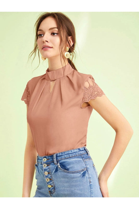 Buy SHEIN Embroidered Mesh Sleeve Keyhole Front Top in Pakistan
