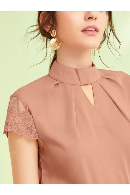 Buy SHEIN Embroidered Mesh Sleeve Keyhole Front Top in Pakistan