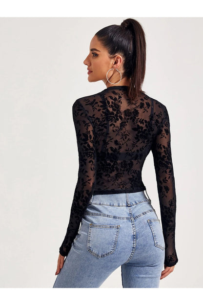 Buy SHEIN Mock-Neck Flocked Mesh Top Without Bra in Pakistan