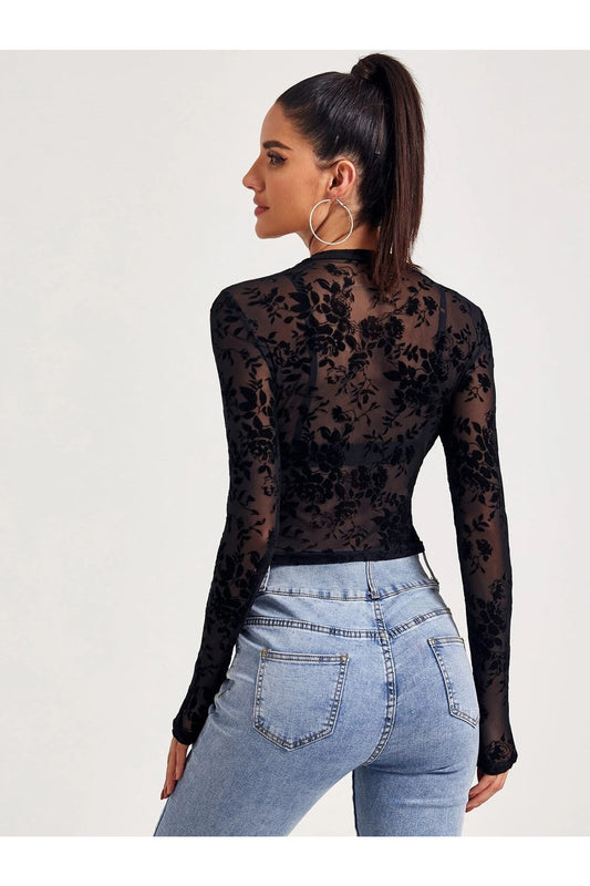 Buy SHEIN Mock-Neck Flocked Mesh Top Without Bra in Pakistan