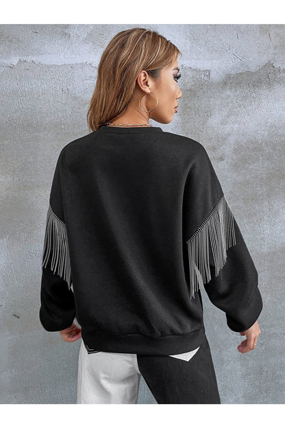Buy Shein EZwear Solid Fringe Detail Drop Shoulder Sweatshirt - Small in Pakistan
