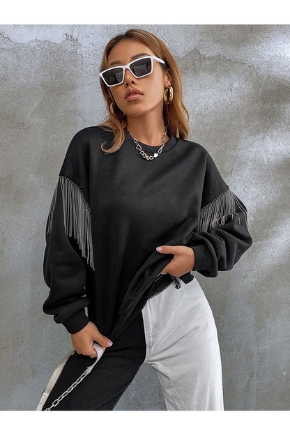 Buy Shein EZwear Solid Fringe Detail Drop Shoulder Sweatshirt - Small in Pakistan