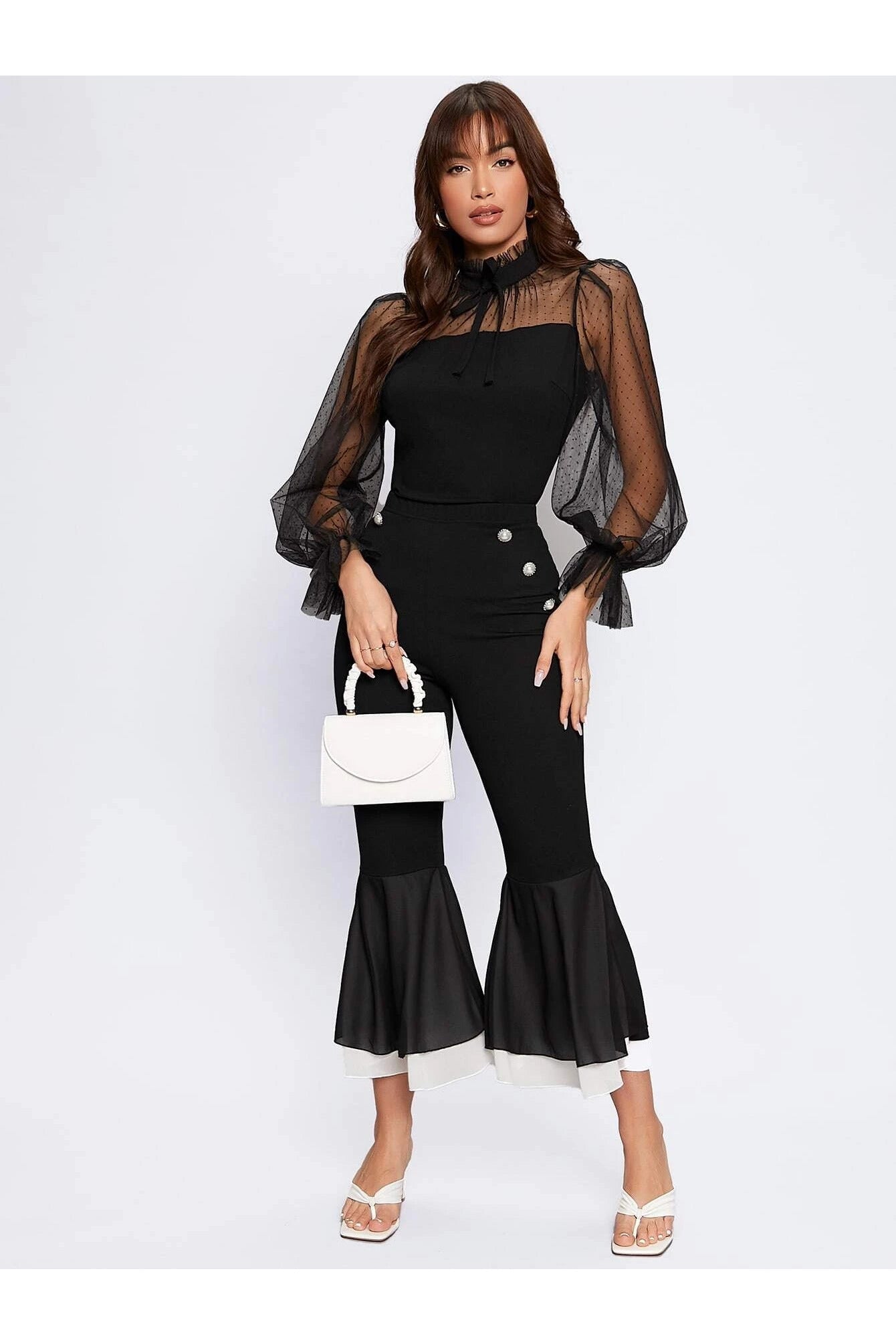 Buy SHEIN Dobby Mesh Flounce Sleeve Blouse in Pakistan