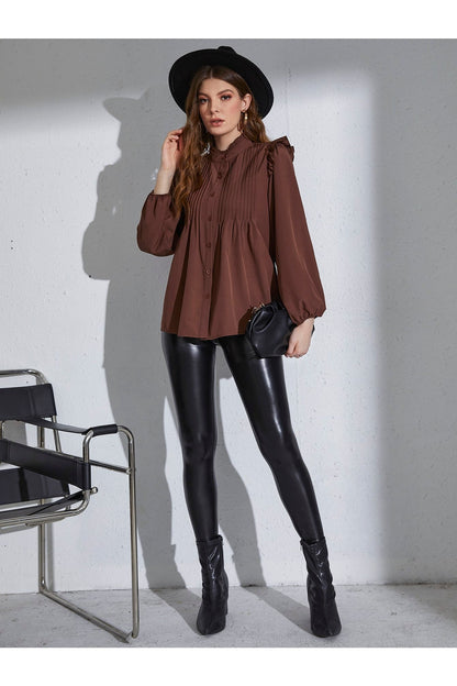 Buy Shein Frill Neck Pleated Button Up Blouse - Small in Pakistan