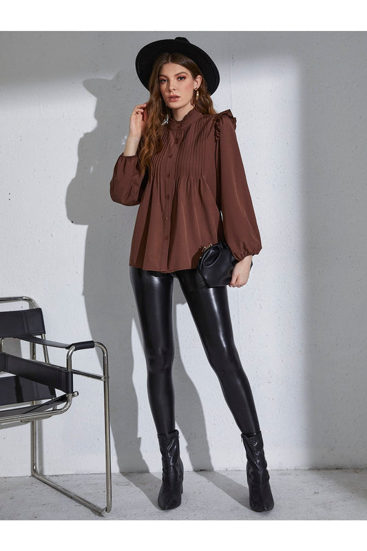 Buy Shein Frill Neck Pleated Button Up Blouse - Small in Pakistan