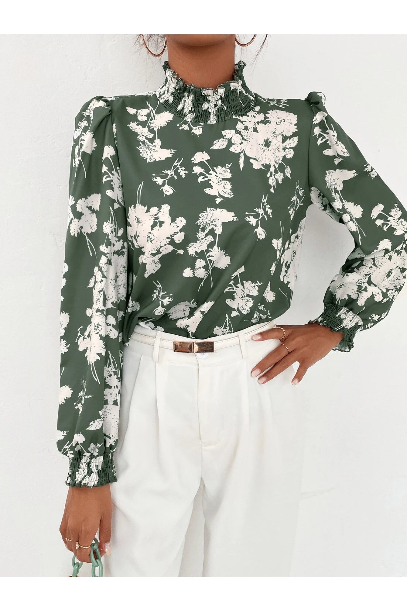 Buy SHEIN Floral Print Stand Collar Bishop Sleeve Blouse in Pakistan
