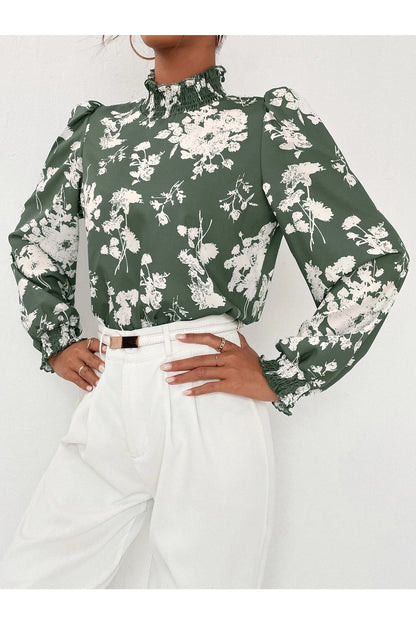 Buy SHEIN Floral Print Stand Collar Bishop Sleeve Blouse in Pakistan
