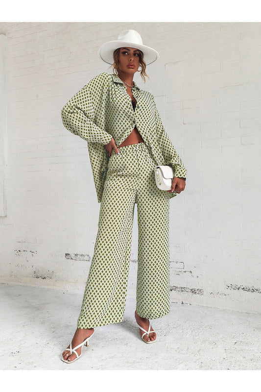 Buy Shein Argyle Print Drop Shoulder Blouse & Wide Leg Pants - Small in Pakistan