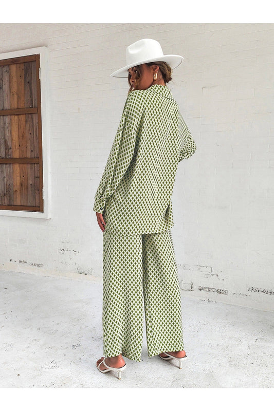 Buy Shein Argyle Print Drop Shoulder Blouse & Wide Leg Pants - Small in Pakistan