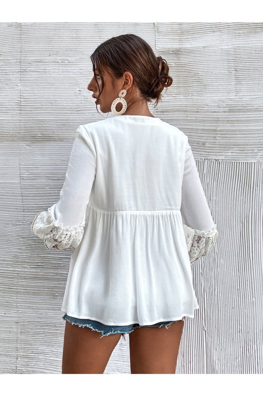 Buy Shein Contrast Lace Tie Front Tassel Detail Peplum Blouse - Small in Pakistan