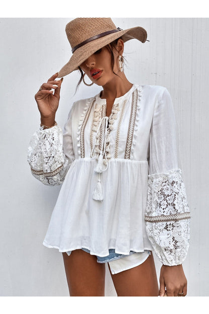 Buy Shein Contrast Lace Tie Front Tassel Detail Peplum Blouse - Small in Pakistan