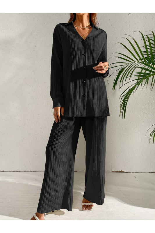 Buy Shein Plisse Drop Shoulder Shirt & Wide Leg Pants - Small in Pakistan