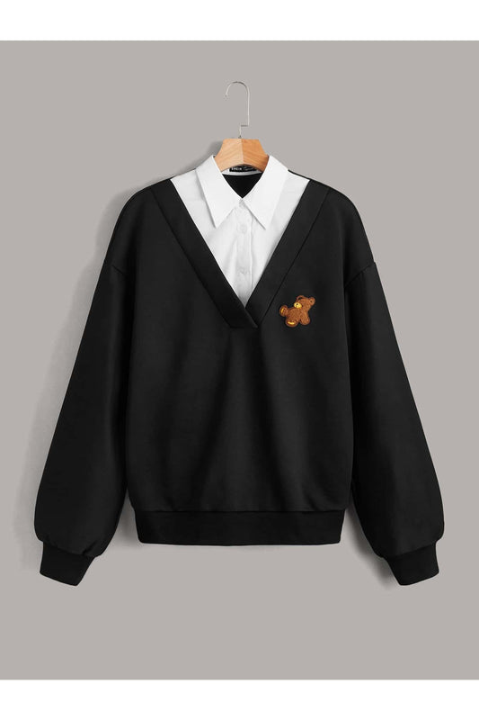 Buy Shein EZwear Contrast Collar Bear Patched 2 In 1 Pullover - Small in Pakistan