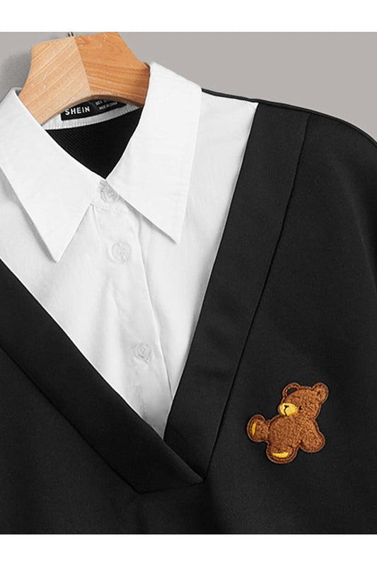 Buy Shein EZwear Contrast Collar Bear Patched 2 In 1 Pullover - Small in Pakistan