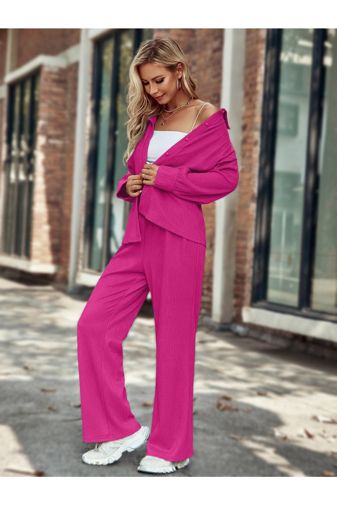 Buy Shein Drop Shoulder Button Up Shirt & Wide Leg Pants - Small in Pakistan