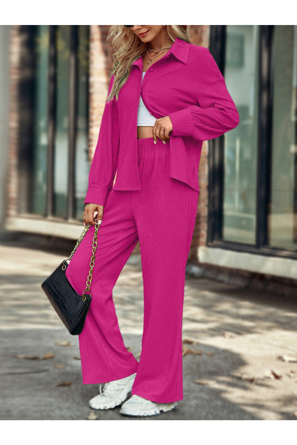 Buy Shein Drop Shoulder Button Up Shirt & Wide Leg Pants - Small in Pakistan