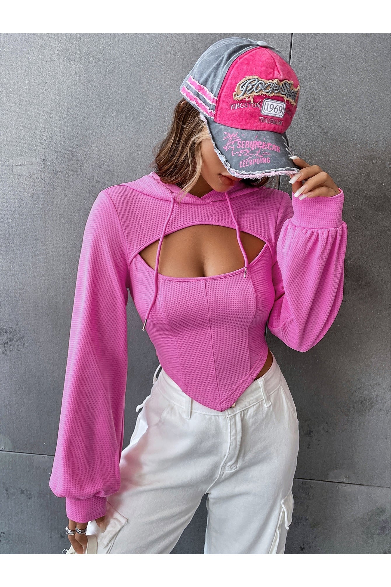 Buy Shein EZwear Solid Cutout Hanky Hem 2 In 1 Drawstring Hoodie - Small in Pakistan