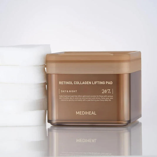 Brown jar of Mediheal Retinol Collagen Lifting Pad on a white background