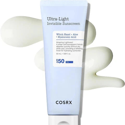 Cosrx ultra-light invisible sunscreen tube with applicator on a white background