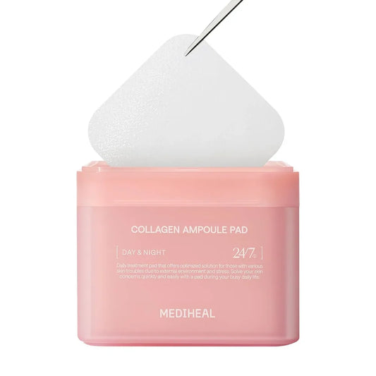 Collagen ampoule pad packaging with white cap on a white background