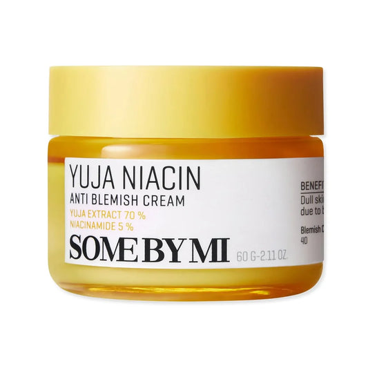 Jar of Yuja Niacin Anti Blemish Cream by Some By Mi on a white background