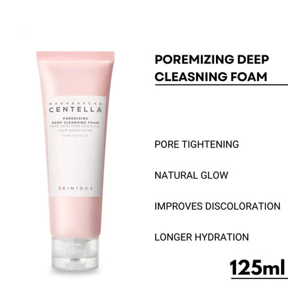 Pink tube of cleansing foam with text on a white background