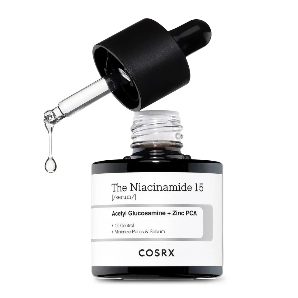 COSRX Niacinamide 15 serum bottle with dropper on a white background