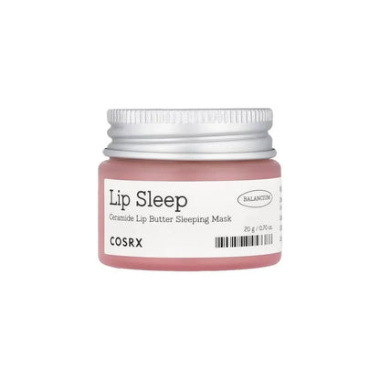 COSRX Lip Sleep Ceramide Lip Butter Sleeping Mask in a pink jar with a silver lid and white label, on a white background.