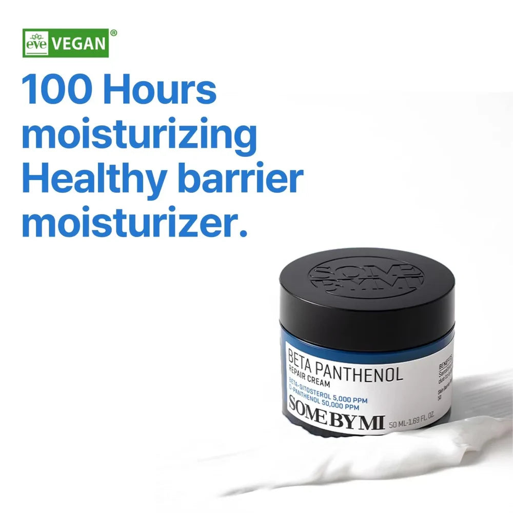 SomeByMi Beta Panthenol Cream jar with text about moisturizing on a white background