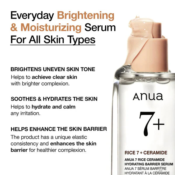 ANUA Rice Ceramide 7 Hydrating Barrier Serum – 50ml | Brightening, Hydrating & Skin Barrier Care Korean Serum