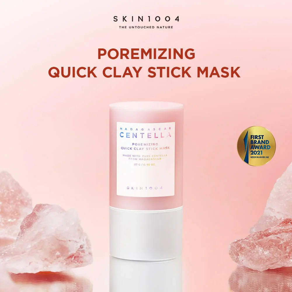 SKIN1004 Poremiting Quick Clay Stick Mask on a pink background with clay texture.