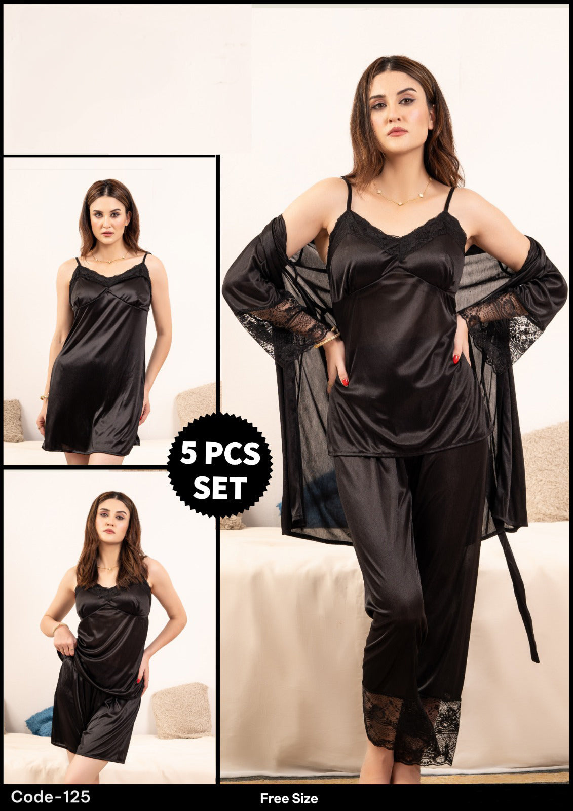 Buy Florea - 5 Pcs Silk Nighty Set With Gown - 125 in Pakistan