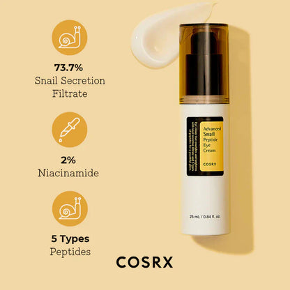COSRX eye cream bottle with ingredients displayed on a beige background